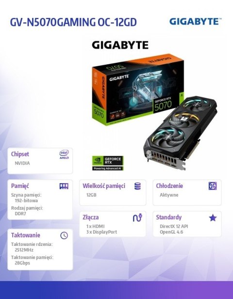 Karta graficzna RTX 5070 GAMING OC 12GB GDDR7 12GB 192bit HDMI/DP
