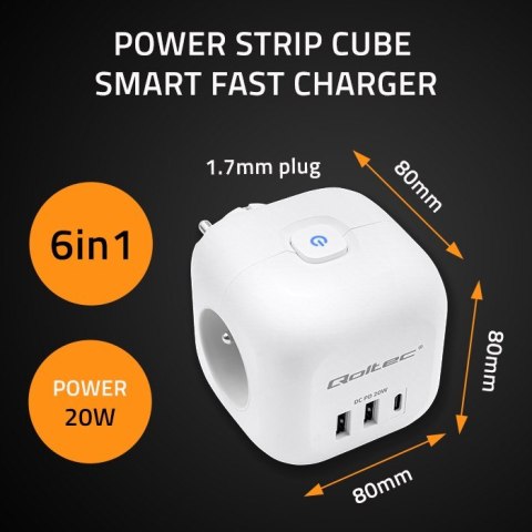 Kostka zasilająca przedłużacz 6w1 z podświetlanym włącznikiem | 3x AC | 2x USB | 1x USB-C PD 20W | biała