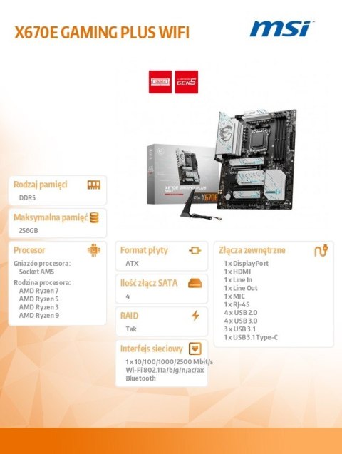 Płyta główna X670E GAMING PLUS WIFI AM5 4DDR5 HDMI ATX Płyta główna X670E GAMING PLUS WIFI AM5 4DDR5 HDMI ATX