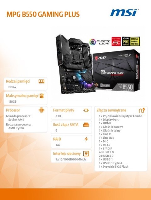 Płyta główna MPG B550 GAMING PLUS AM4 4DDR4 HDMI/DP ATX Płyta główna MPG B550 GAMING PLUS AM4 4DDR4 HDMI/DP ATX