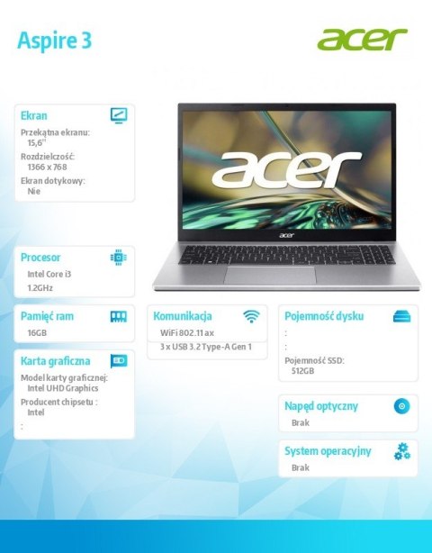 Notebook Aspire 3 A315-59-39DR i3-1215U, 15.6, 16GB DDR4 RAM, 512GB SSD, No OS, srebrny