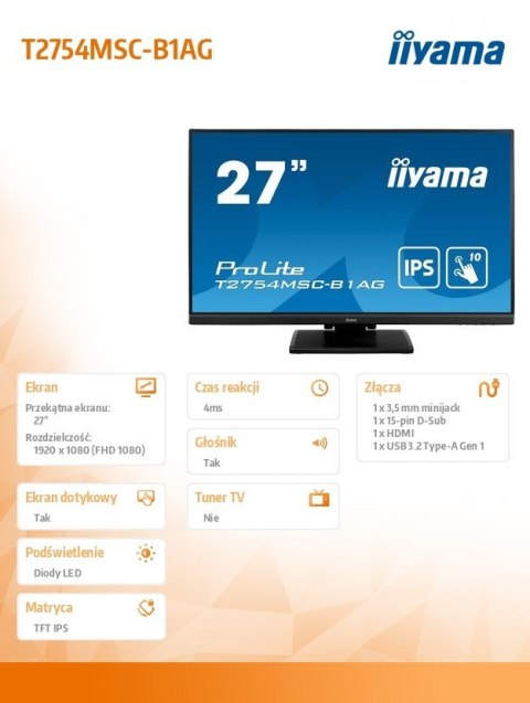 Monitor 27 cali T2754MSC-B1AG pojemnościowy 10PKT IPS powłoka AG Monitor 27 cali T2754MSC-B1AG pojemnościowy 10PKT IPS powłoka AG