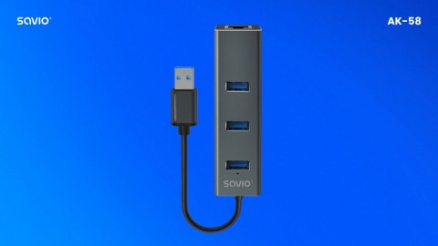 Hub AK-58 3-portowy USB-A 3.1 Gen 1 z adapterem RJ-45 Gigabit Ethernet Hub AK-58 3-portowy USB-A 3.1 Gen 1 z adapterem RJ-45 Gigabit Ethernet