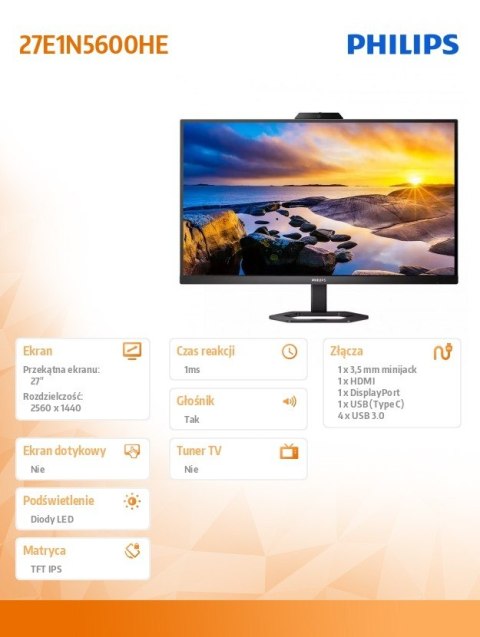 Monitor 27 cali 27E1N5600HE IPS HDMI DP USB-C Pivot Kamera Głośniki Monitor 27 cali 27E1N5600HE IPS HDMI DP USB-C Pivot Kamera Głośniki