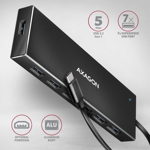 HUE-F7C Hub 7-portowy USB-C 3.2 Gen 1 ALU FLAT micro USB, 30cm USB-C kabel HUE-F7C Hub 7-portowy USB-C 3.2 Gen 1 ALU FLAT micro USB, 30cm USB-C kabel