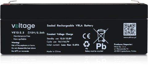 Akumulator AGM Voltage 12V 2,3Ah VE12-2.3 (Żywotność 6-9 lat) Akumulator AGM Voltage 12V 2,3Ah VE12-2.3 (Żywotność 6-9 lat)