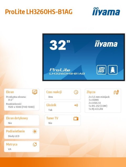 Monitor wielkoformatowy 31.5 cala LH3260HS-B1AG matowy 24h/7 500(cd/m2) VA 1920 x 1080 FHD Android.11 Wifi CMS(iiSignage2) Monitor wielkoformatowy 31.5 cala LH3260HS-B1AG matowy 24h/7 500(cd/m2) VA 1920 x 1080 FHD Android.11 Wifi CMS(iiSignage2)