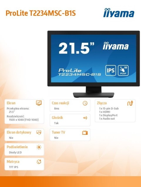 Monitor ProLite 21.5 cala T2234MSC-B1S IPS,10PKT.VGA,HDMI,DP Monitor ProLite 21.5 cala T2234MSC-B1S IPS,10PKT.VGA,HDMI,DP