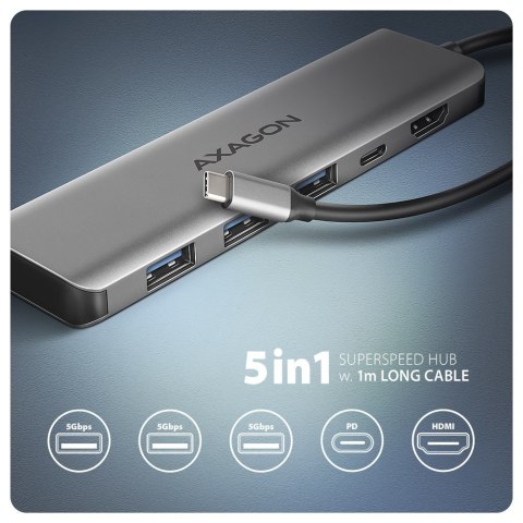 HMC-5H Wieloportowy hub USB 5in1, 5Gbps, 3x USB-A, HDMI 4K/30Hz, PD 100W, 100cm USB-C kabel HMC-5H Wieloportowy hub USB 5in1, 5Gbps, 3x USB-A, HDMI 4K/30Hz, PD 100W, 100cm USB-C kabel