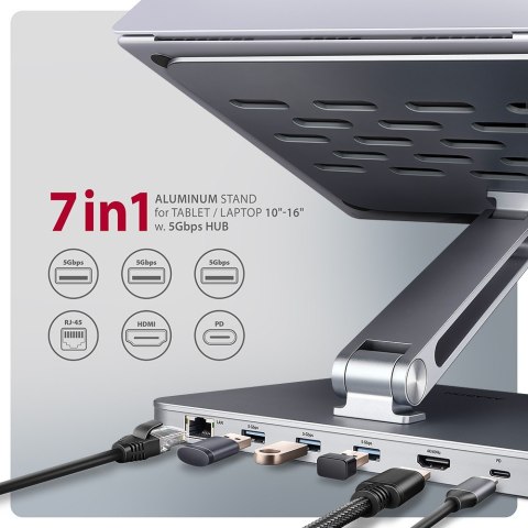 HMC-STND Stojak z wieloportowy hub Aluminiowy 7in1, 5Gbps, do 10"-16" cali laptopów, nastawny, 3x USB-A, HDMI 4K/60Hz, GLAN, PD HMC-STND Stojak z wieloportowy hub Aluminiowy 7in1, 5Gbps, do 10"-16" cali laptopów, nastawny, 3x USB-A, HDMI 4K/60Hz, GLAN, PD