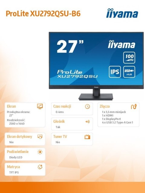 Monitor 27 cali ProLite XU2792QSU-B6 IPS,QHD,100Hz,HDMI,DP,4xUSB3.2,SLIM Monitor 27 cali ProLite XU2792QSU-B6 IPS,QHD,100Hz,HDMI,DP,4xUSB3.2,SLIM