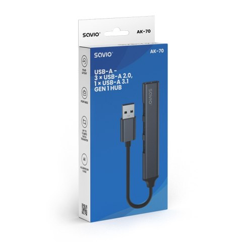 Hub 4 porty USB-A - 3 x USB-A 2.0, 1 x USB-A 3.0, 5 Gbps, Aluminium, AK-70 Hub 4 porty USB-A - 3 x USB-A 2.0, 1 x USB-A 3.0, 5 Gbps, Aluminium, AK-70