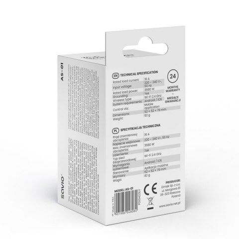 Inteligentne gniazdko Wi-Fi 16A Pomiar zużycia energii, wielopak 3 szt., AS-01, białe Inteligentne gniazdko Wi-Fi 16A Pomiar zużycia energii, wielopak 3 szt., AS-01, białe