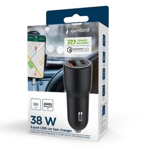 Ładowarka samochodowa USB-A/USB-C 38W PD czarna Ładowarka samochodowa USB-A/USB-C 38W PD czarna