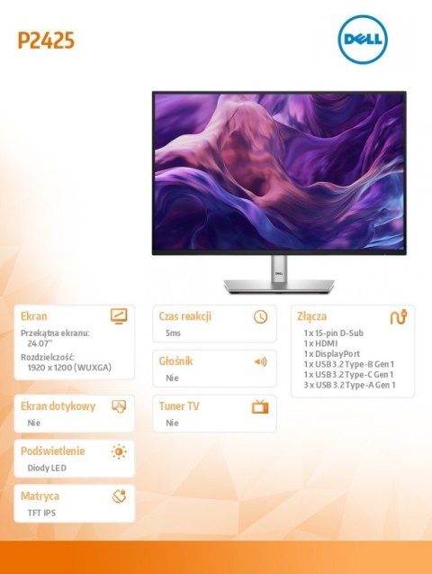 Monitor 24.07 cala P2425 IPS 16:10 WUXGA/HDMI/USBC/DP/VGA/USB/5Y Monitor 24.07 cala P2425 IPS 16:10 WUXGA/HDMI/USBC/DP/VGA/USB/5Y