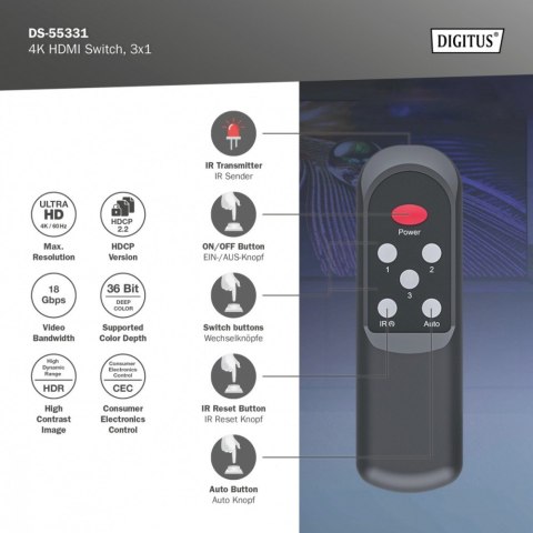 Przełącznik/Switch 4K HDMI 3x1, 60Hz HDCP 2.3, pilot, Czarny Przełącznik/Switch 4K HDMI 3x1, 60Hz HDCP 2.3, pilot, Czarny