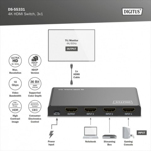 Przełącznik/Switch 4K HDMI 3x1, 60Hz HDCP 2.3, pilot, Czarny Przełącznik/Switch 4K HDMI 3x1, 60Hz HDCP 2.3, pilot, Czarny