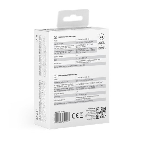 Ładowarka sieciowa LA-10 30W Quick Charge Power Delivery 3.0 Biała + Kabel Ładowarka sieciowa LA-10 30W Quick Charge Power Delivery 3.0 Biała + Kabel