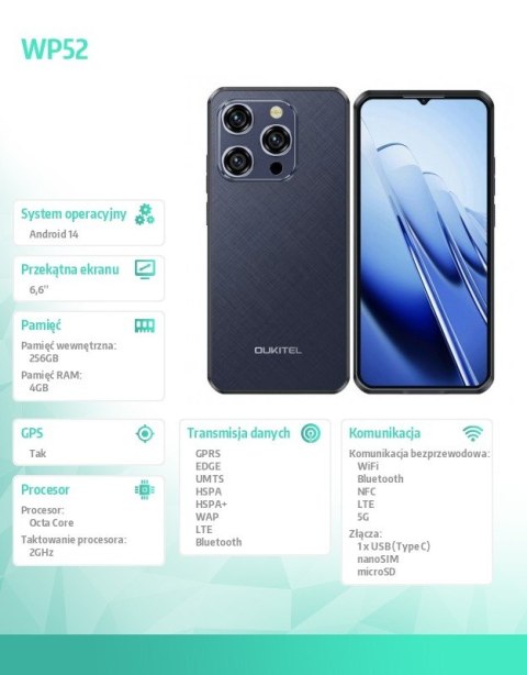 Smartfon WP52 5G 4/256/GB IP69K Niebieski Smartfon WP52 5G 4/256/GB IP69K Niebieski