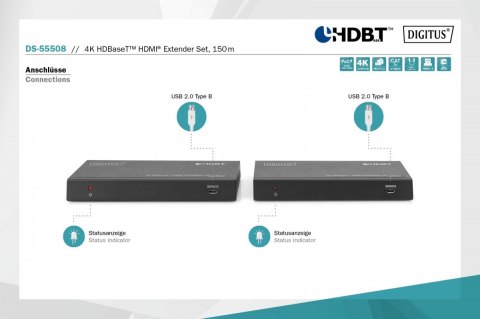 Przedłużacz / Extender HDMI HDBaseT 150m kat.5e/6/74K 60Hz PoC (Power over Cable) IR audio (zestaw) Przedłużacz / Extender HDMI HDBaseT 150m kat.5e/6/74K 60Hz PoC (Power over Cable) IR audio (zestaw)