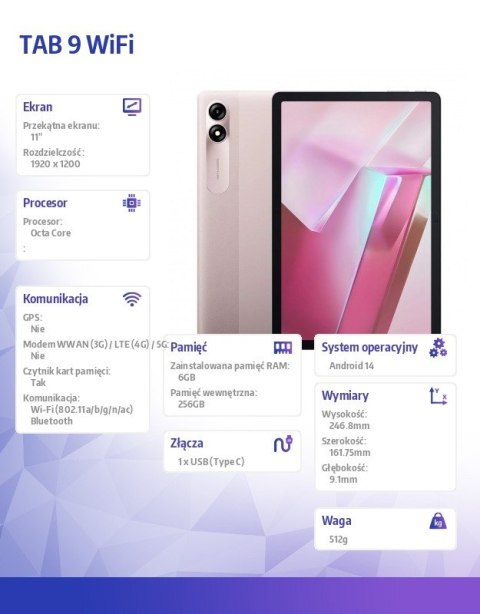 Tablet Tab 9 11 cali 6/ 256GB WiFi Różowy Tablet Tab 9 11 cali 6/ 256GB WiFi Różowy