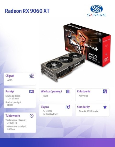 Karta graficzna Radeon RX 9060 XT NITRO+ 16GB GDDR6 128bit DP/2HDMI Karta graficzna Radeon RX 9060 XT NITRO+ 16GB GDDR6 128bit DP/2HDMI