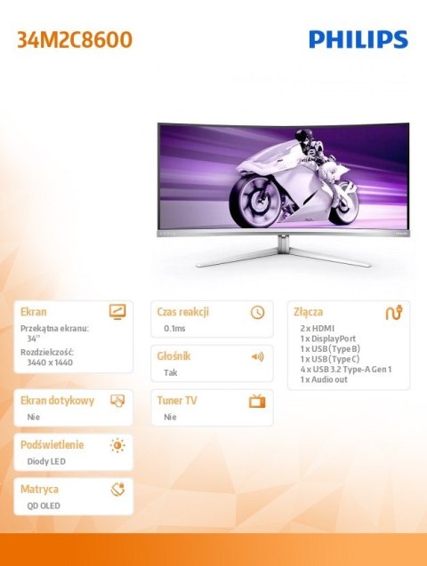 Monitor 34 cale Evnia 34M2C8600 Curved QD OLED 175Hz HDMIx2 DP USB-C HDR HAS Ambiglow Monitor 34 cale Evnia 34M2C8600 Curved QD OLED 175Hz HDMIx2 DP USB-C HDR HAS Ambiglow