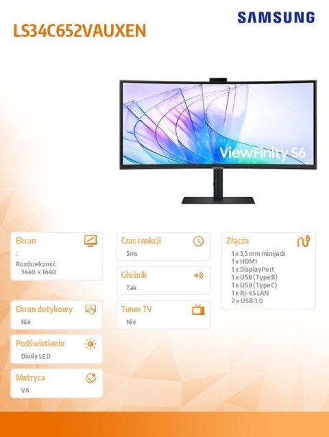 Monitor 34 cale ViewFinity S65VC VA 3440x1440 UWQHD 21:9 1xHDMI 1xDP 1xUSB-C (90W) 2xUSB 3.0 LAN (RJ45) 5ms HAS Webcam głośniki Monitor 34 cale ViewFinity S65VC VA 3440x1440 UWQHD 21:9 1xHDMI 1xDP 1xUSB-C (90W) 2xUSB 3.0 LAN (RJ45) 5ms HAS Webcam głośniki