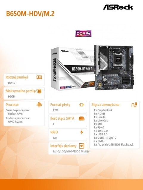 Płyta główna B650M-HDV/M.2 AM5 2DDR5 HDMI/DP mATX Płyta główna B650M-HDV/M.2 AM5 2DDR5 HDMI/DP mATX