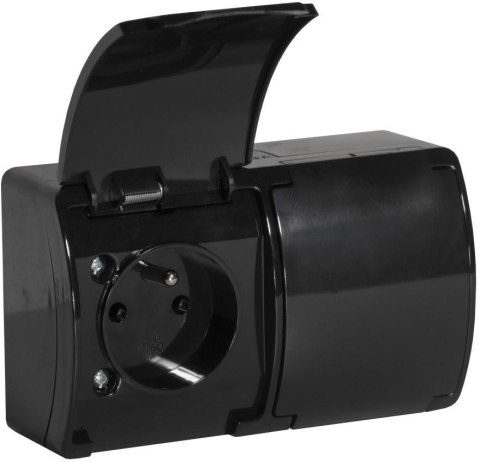 Gniazdo natynkowe podwójne z uziemieniem, z klapką VIPLAST KOALA CZARNE IP44 162-05 Gniazdo natynkowe podwójne z uziemieniem, z klapką VIPLAST KOALA CZARNE IP44 162-05