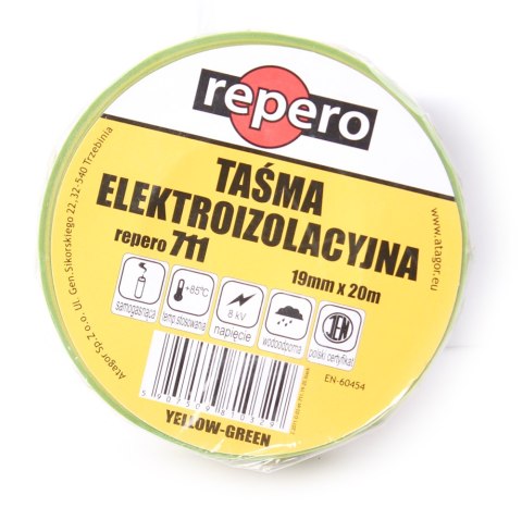 TAŚMA IZOLACYJNA REPERO 711E ŻÓŁTO-ZIELONA 19MMX20M TAŚMA IZOLACYJNA REPERO 711E ŻÓŁTO-ZIELONA 19MMX20M