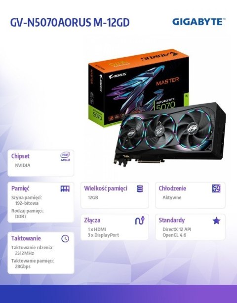 Karta graficzna GeForce RTX 5070 AORUS MASTER 12GB GDDR7 192bit HDMI/3DP Karta graficzna GeForce RTX 5070 AORUS MASTER 12GB GDDR7 192bit HDMI/3DP