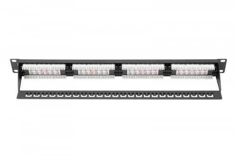 Patch panel 19" 24 porty, kat.5e, U/UTP, 1U, wspornik kablowy, czarny (kompletny) Patch panel 19" 24 porty, kat.5e, U/UTP, 1U, wspornik kablowy, czarny (kompletny)