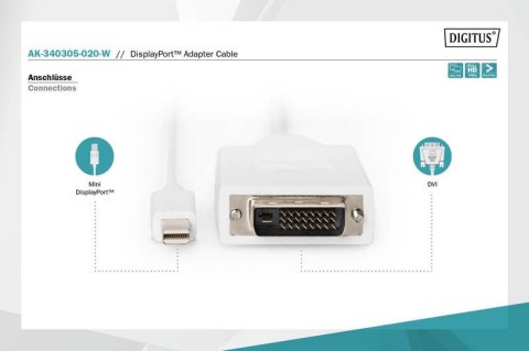 Kabel adapter Displayport 1080p 60Hz FHD Typ miniDP/DVI-D (24+1) M/M biały 2m Kabel adapter Displayport 1080p 60Hz FHD Typ miniDP/DVI-D (24+1) M/M biały 2m