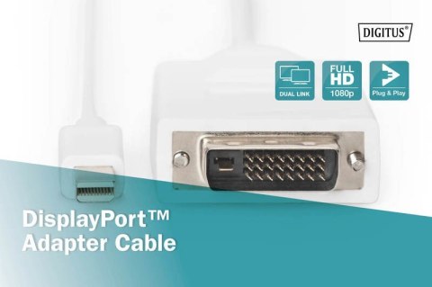 Kabel adapter Displayport 1080p 60Hz FHD Typ miniDP/DVI-D (24+1) M/M biały 2m Kabel adapter Displayport 1080p 60Hz FHD Typ miniDP/DVI-D (24+1) M/M biały 2m