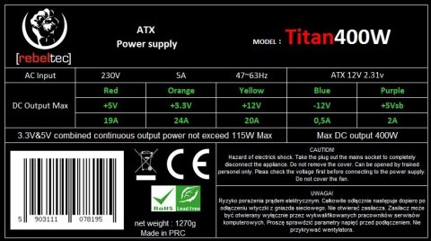 Zasilacz uniwersalny komputerowy ATX ver. 2.31 TITAN 400 Zasilacz uniwersalny komputerowy ATX ver. 2.31 TITAN 400