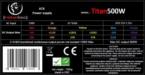 Zasilacz uniwersalny komputerowy ATX ver. 2.31 TITAN 500 Zasilacz uniwersalny komputerowy ATX ver. 2.31 TITAN 500