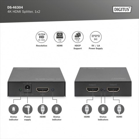Rozdzielacz/Splitter HDMI 2-portowy, 4K 30Hz UHD 3D, HDCP 1.3, audio Rozdzielacz/Splitter HDMI 2-portowy, 4K 30Hz UHD 3D, HDCP 1.3, audio