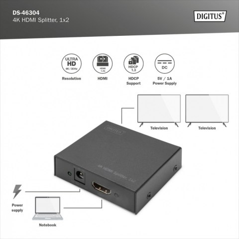 Rozdzielacz/Splitter HDMI 2-portowy, 4K 30Hz UHD 3D, HDCP 1.3, audio Rozdzielacz/Splitter HDMI 2-portowy, 4K 30Hz UHD 3D, HDCP 1.3, audio