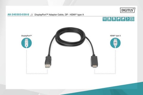 Kabel adapter DisplayPort 1.2 z zatrzaskiem 4K 60Hz UHD Typ DP/HDMI A M/M czarny 3m Kabel adapter DisplayPort 1.2 z zatrzaskiem 4K 60Hz UHD Typ DP/HDMI A M/M czarny 3m