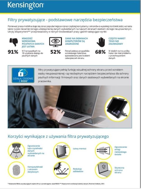 Filtr prywatyzujący 2-stronny, zdejmowany, do monitora 13.3 cala, 16:10