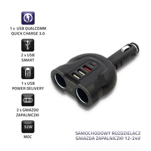 Samochodowy rozdzielacz gniazda zapalniczki 12-24V | 52W | 2.4A |2xUSB | USB QC 3.0 | USB-C PD | 2xgniazdo zapalniczki Samochodowy rozdzielacz gniazda zapalniczki 12-24V | 52W | 2.4A |2xUSB | USB QC 3.0 | USB-C PD | 2xgniazdo zapalniczki