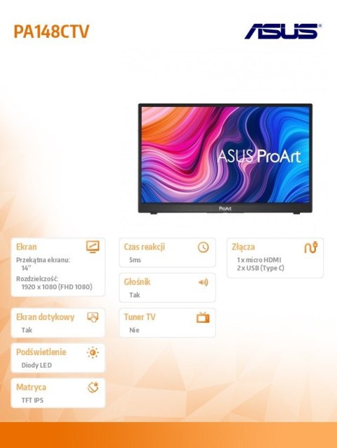 Monitor 14 cali PA148CTV IPS mHDMI USB-C Głośnik PIVOT sRGB 100% Monitor 14 cali PA148CTV IPS mHDMI USB-C Głośnik PIVOT sRGB 100%