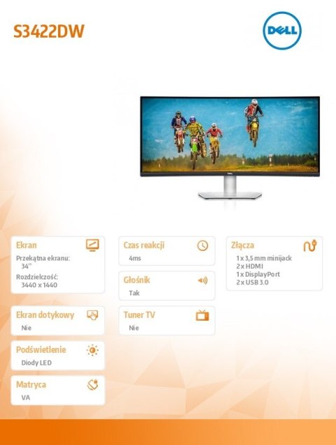 Monitor S3422DW 34 cale VA LED 21:9 3440x1440/HDMI/DP/3Y Monitor S3422DW 34 cale VA LED 21:9 3440x1440/HDMI/DP/3Y