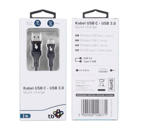 Kabel USB 3.0 - USB C 2m PREMIUM 3A czarny TPE Kabel USB 3.0 - USB C 2m PREMIUM 3A czarny TPE