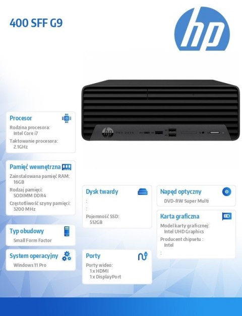 Komputer 400 SFF G9 i7-12700 512GB/16GB/DVD/W11P 6A831EA Komputer 400 SFF G9 i7-12700 512GB/16GB/DVD/W11P 6A831EA