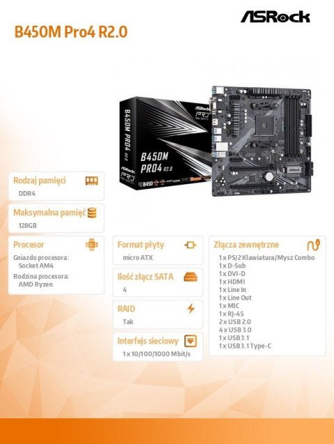 Płyta główna B450M PRO4 R2.0 AM4 4DDR4 HDMI uATX Płyta główna B450M PRO4 R2.0 AM4 4DDR4 HDMI uATX